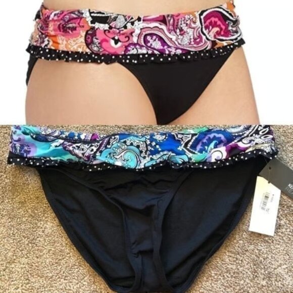 NEW NWT KENNETH COLE REACTION Sash Hipster Bikini Bottom Paisley Black Blue M - Picture 1 of 13